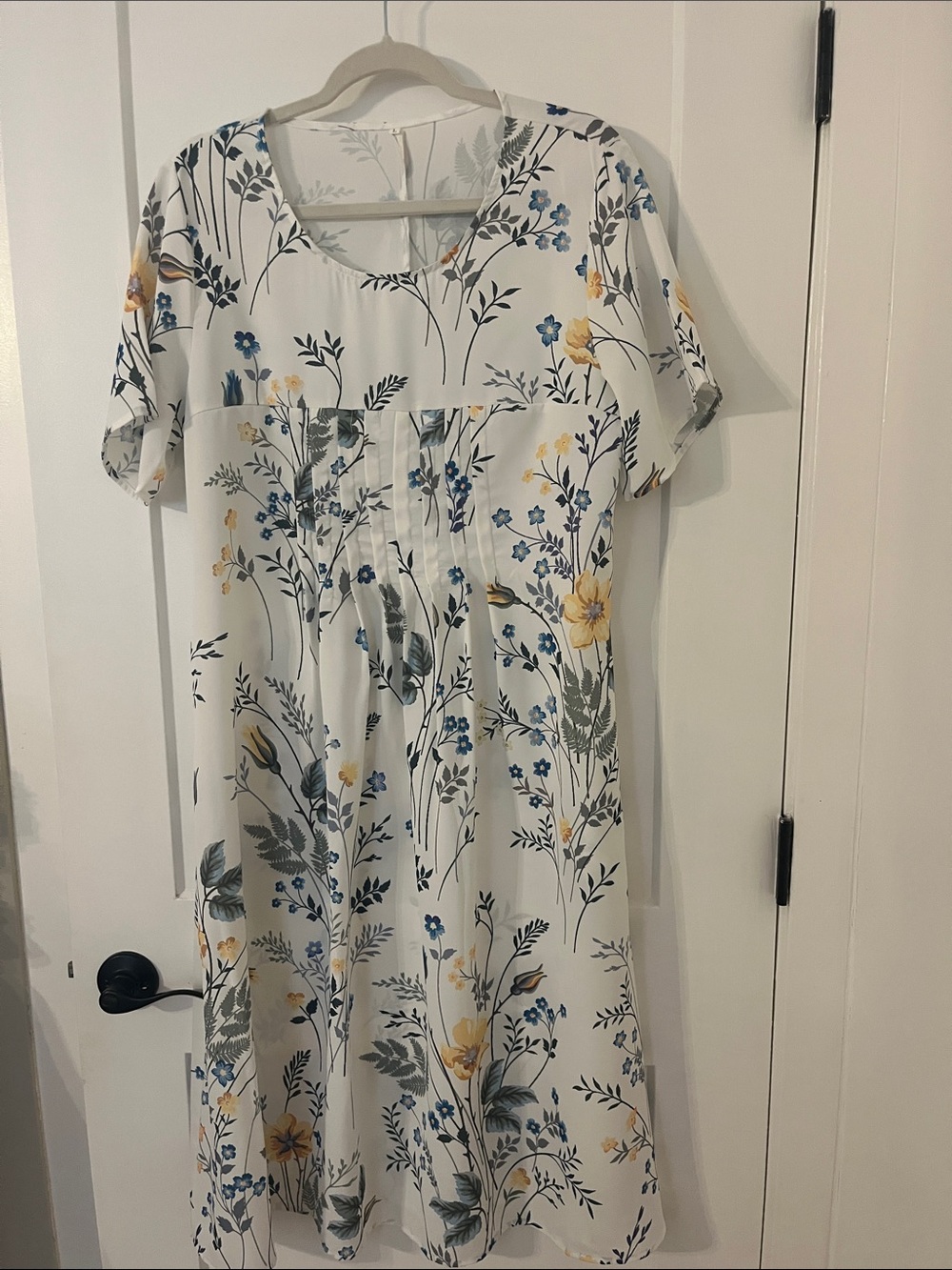 White Floral Midi Dress with Blue and Yellow Print
